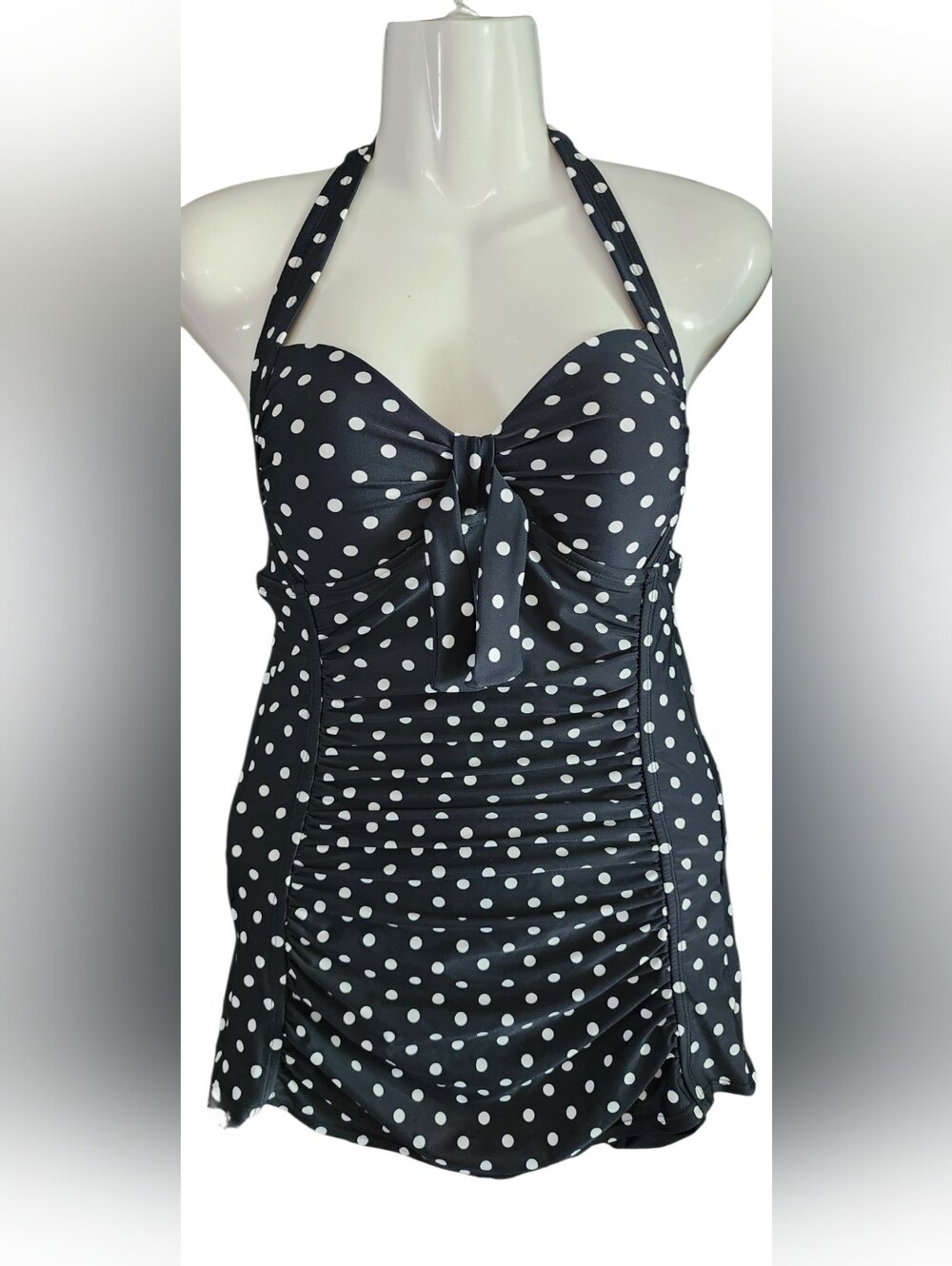 Merona Black White Polka Dot Halter Tankini Top Size S Ruched Swimwear Swim Suit